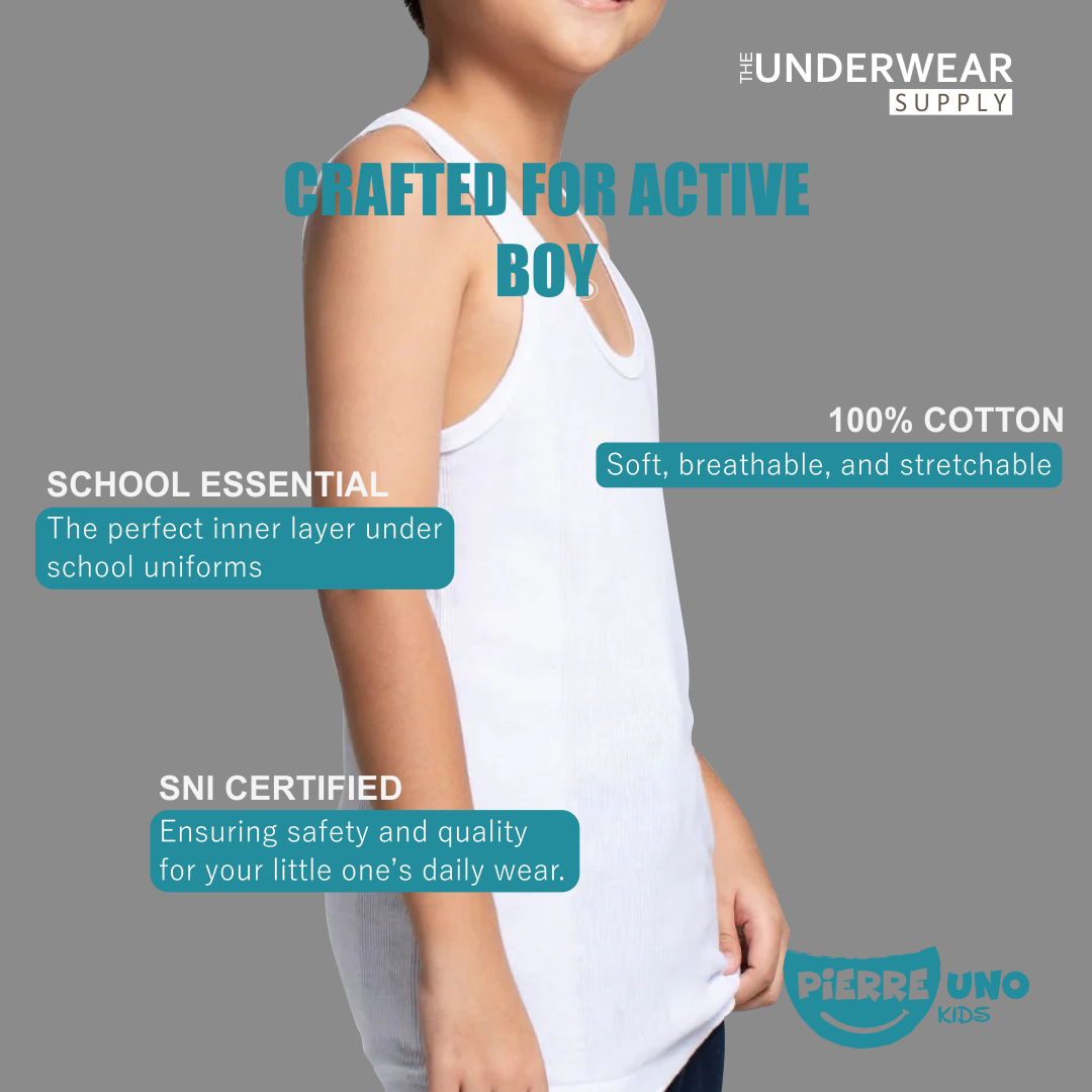 [Pierre Uno Kids] Singlet Sekolah Anak 2-9 Tahun | 100% Premium Cotton |Baju Dalam Anak SD Laki-Laki